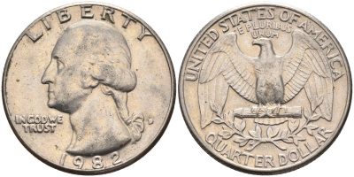 США 25 центов = квотер 1982 D, Вашингтон KM A164a медь плакированная медно-никелем 4584-1134