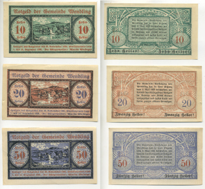 Австрия набор из 3 банкнот 1920 30 ноября 1920-15 декабря 1920, нотгельд, 10, 20, 50 геллеров, WENDLING   бумага  XF 7555-6-2-1