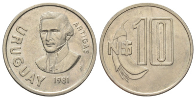 Уругвай 10 новых песо 1981 KM 79 медно-никель UNC 4650-744