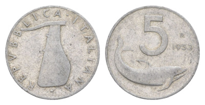 Италия 5 чентезимо 1953 R, дельфин, плуг KM 92 алюминий 4627-1211