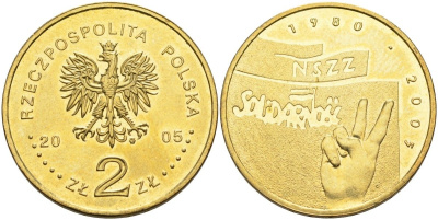 Польша 2 злотых 2005 MW, 25 лет независимому профсоюзу "Солидарность" KM 565, Parchimowicz 954 нордик UNC 4676-315