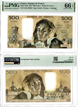 Франция 500 франков 1987 в слабе PMG 66 (Gem Uncirculated), Блез Паскаль, башня Сен-Жак (Париж), дата 08.01.1987 Pick 156 f бумага UNC (пресс) 452-2-126