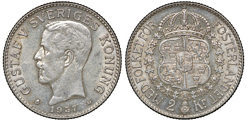 Швеция 2 кроны 1937 G, Густав V (1907-1950) KM 787 серебро 4178-1332