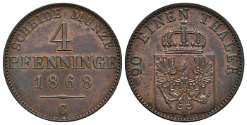 ПРУССИЯ 4 ПФЕННИГА 1868 C, ВИЛЬГЕЛЬМ I (1861-1888) KM 483 медь 1522-1125