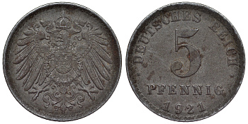 Германия 5 пфеннигов 1921 A KM 19, J. 297, Weege 5 железо 4118-1132