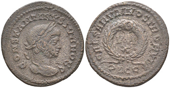 Римская Империя нуммий 323 Константин II в ранге цезаря, бюст цезаря, CONSTANTINVS IVN NOB C / CAESARVM NOSTRORVM, VOT X в венке, Лугдун (из немецкой коллекции 1-й половины XX века, с владельческой этикеткой) RIC 217 биллон 1073-15-92