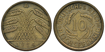 Германия 10 рейхспфеннигов 1924 A KM 40, J. 317 алюминиевая бронза 4121-854