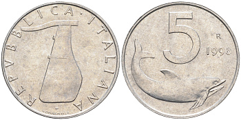 Италия 5 лир 1998 R, дельфин KM 92 алюминий  UNC  4594-931