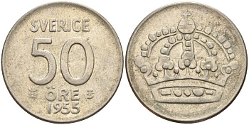 Швеция 50 эре 1955 TS, Густав VI Адольф (1950-1973) KM 825 серебро 4148-934