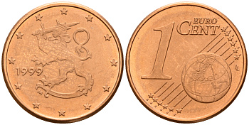 Финляндия 1 евроцент 1999  KM 98 сталь плакированная медью  UNC  4160-366