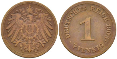 ГЕРМАНИЯ 1 ПФЕННИГ 1908 E KM 10, J. 10, Weege 2 медь 211-365