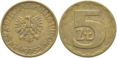 ПОЛЬША 5 ЗЛОТЫХ 1975 ЛЕНИНГРАДСКИЙ МОНДВОР KM 81.1 латунь 3856-731