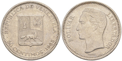 Венесуэла 50 сентимо 1965 Симон Боливар KM 41, Schon 51 никель 186-823