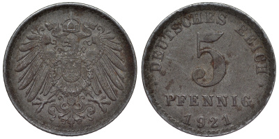 Германия 5 пфеннигов 1921 A KM 19, J. 297, Weege 5 железо 4118-1132