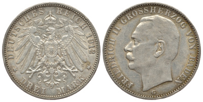 Баден 3 марки 1912 Фридрих II (1907-1918) J. 39, KM 280 серебро 413-832