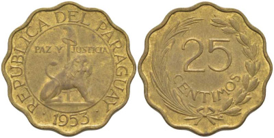 Парагвай 25 сентимо 1953 лев, фригийский колпак на шесте KM 27 алюминиевая бронза aUNC 56-323