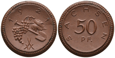 Саксония 50 пфеннигов 1921 виноград и лопата J. N 54 фарфор UNC 1094-8-53