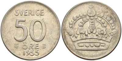 Швеция 50 эре 1955 TS, Густав VI Адольф (1950-1973) KM 825 серебро 4148-934