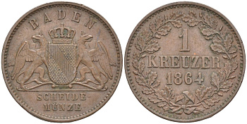 Баден 1 крейцер 1864 Великий Герцог Фридрих I (1856-1907) KM 242, ASK 132, J.81 медь 4388-411