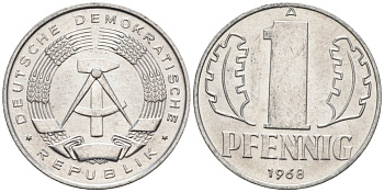 ГДР 1 пфенниг 1968 А KM 8.1 алюминий aUNC 4564-1022