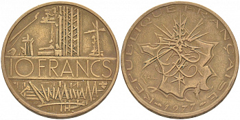 Франция 10 франков 1977 тип Матье KM 940, Le Franc 365.9-10 никель латунь 4402-1141