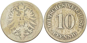 ГЕРМАНИЯ 10 ПФЕННИГОВ 1874 A, СТАРОГЕРБОВКА KM 4, J. 4, Weege 7 медно-никель 261-1214