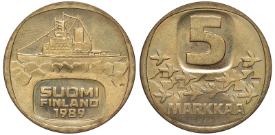ФИНЛЯНДИЯ 5 МАРОК 1989 M, КОРАБЛЬ KM 57 алюминиевая бронза UNC 3334-812