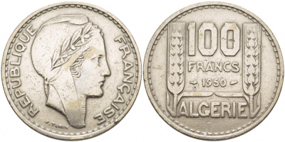 Алжир, Французский 100 франков 1950 KM 93 медно-никель 51-1422