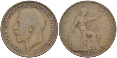 Великобритания 1 пенни 1919 Георг V (1910-1936) KM 810, Spink 4051 бронза 4183-1224
