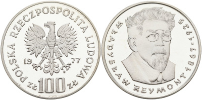 Польша 100 злотых 1977 MW, Владислав Реймонт (1867-1925) KM 89, Parchimowicz 278 серебро PROOF 00-00