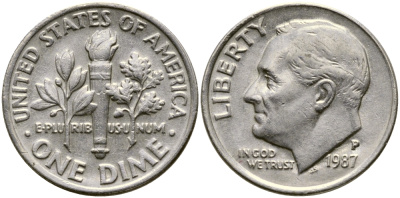 США 10 ЦЕНТОВ = 1 ДАЙМ 1987 P, РУЗВЕЛЬТ KM 195а медь плакированная медно-никелем 46-2427