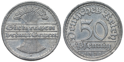 Германия 50 пфеннигов 1921 F KM 27, J. 301, Weege 10 алюминий 4121-1141