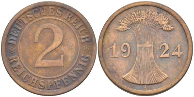 ГЕРМАНИЯ 2 РЕЙХСПФЕННИГA 1924 A KM 38, J. 314, Weege 4 бронза 206-855