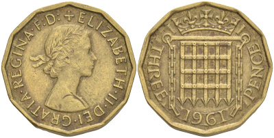 Великобритания 3 пенса 1961 Елизавета II (1952-2022) KM 900, Spink 4153 никель латунь 4556-511