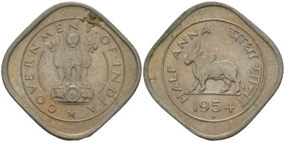 Индия 1/2 анна 1954 KM 2.2 медно-никель UNC 33-1156