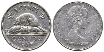 Канада 5 центов 1965 Елизавета II (1952-2022), бобер KM 60.1 никель 4364-2347