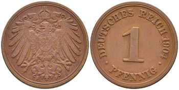 ГЕРМАНИЯ 1 ПФЕННИГ 1904 F KM 10, J. 10, Weege 2 медь 211-317