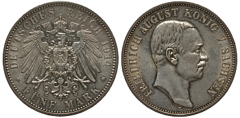 Саксония 5 марок 1914 E, Фридрих Август (1904-1918) Weege 133, J. 136, KM 1266 серебро 00-805-04