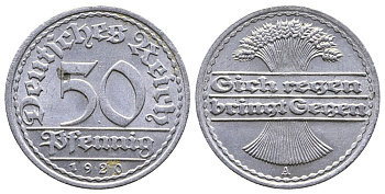 ГЕРМАНИЯ 50 ПФЕННИГОВ 1920 А KM 27, J. 301 алюминий 4380-541