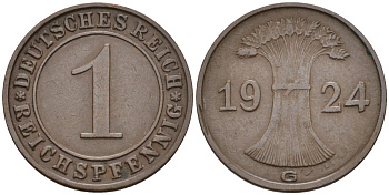 Германия 1 рейхспфенниг 1924 G KM 37, J.313, Weege 2 медь 4585-552