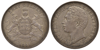 Вюртемберг 2 гульдена 1845 Вильгельм I (1816-1864) KM 595 серебро 00-000-00