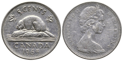 Канада 5 центов 1965 Елизавета II (1952-2022), бобер KM 60.1 никель 4364-2347