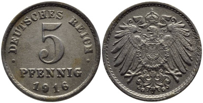 ГЕРМАНИЯ 5 ПФЕННИГОВ 1916 G KM 19, Jager 297, Weege 5 железо 4547-561