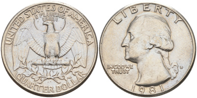США 25 центов (квотер) 1981 D, Джордж Вашингтон KM 164a медь плакированная медно-никелем 190-333