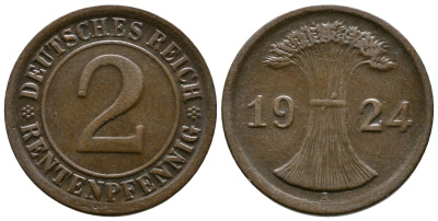 ГЕРМАНИЯ 2 РЕНТЕНПФЕННИГА 1924 A KM 31, J.307 бронза 86-1221