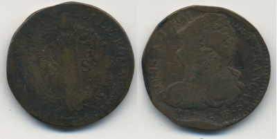 ФРАНЦИЯ 2 СОЛЯ 1793 ПЕРВАЯ РЕСПУБЛИКА бронза 41-1236