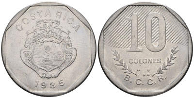 Коста-Рика 10 колон 1985 KM 215.2, Schoen 79a никель сталь 4517-123