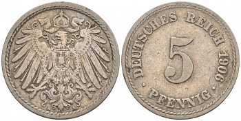 ГЕРМАНИЯ 5 ПФЕННИГОВ 1906 A, KM 11, J. 12 медно-никель 73-1767