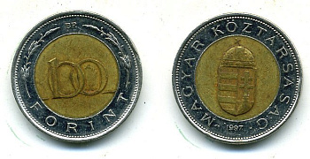 ВЕНГРИЯ 100 ФОРИНТОВ 1997 KM 721 биметалл 25-857