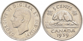 Канада 5 центов 1939 Георг VI (1937-1952), бобр KM 33 никель 73-1131